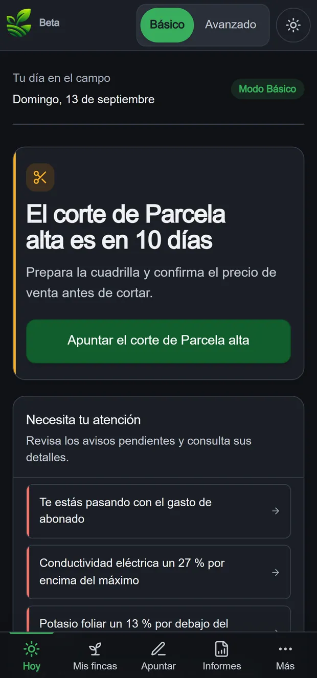 Abonalia en el móvil: acciones y avisos de tus fincas. Datos de ejemplo.