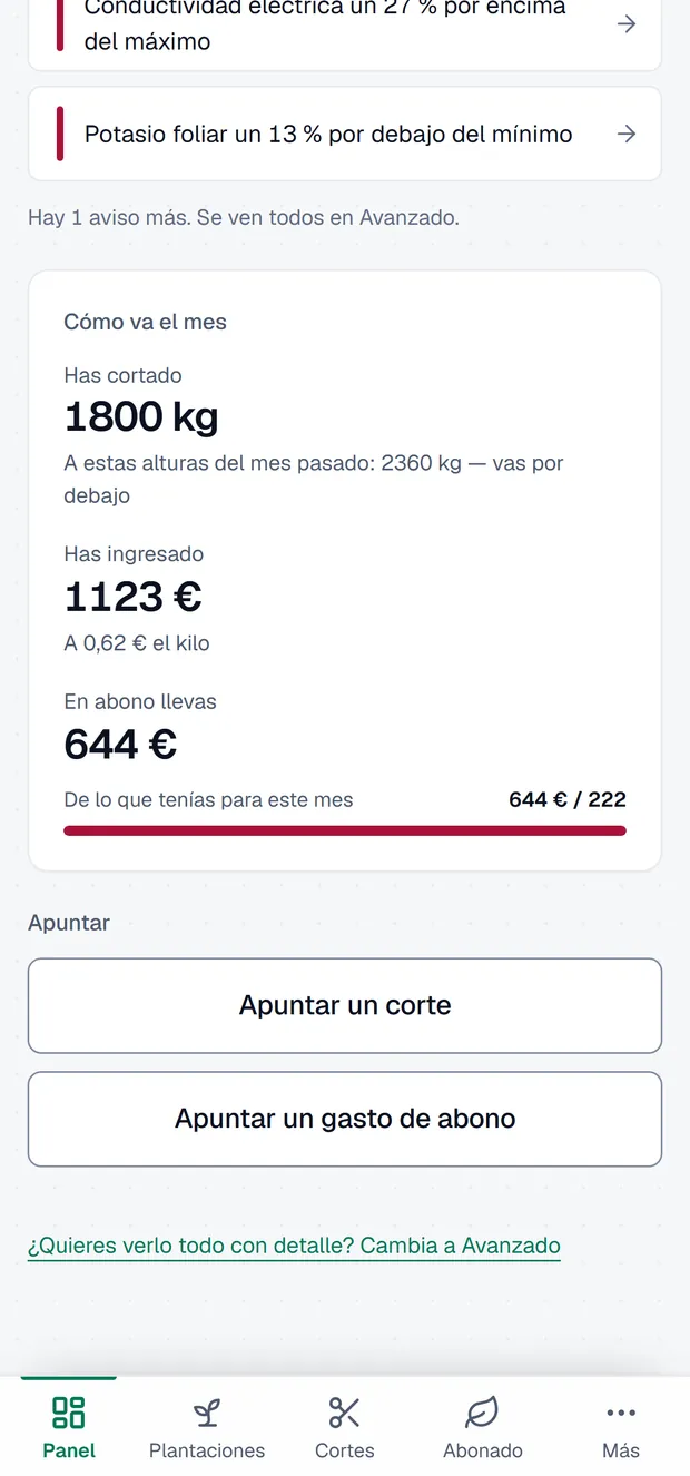 El mismo panel en el teléfono: ingresos brutos del mes, presupuesto de abonado y los avisos de acción inmediata.