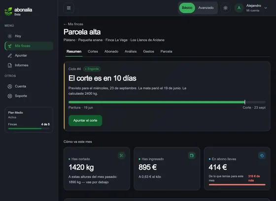 Resumen de una finca en abonalia, con su ciclo y sus cifras. Datos de ejemplo.